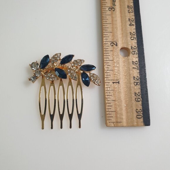 Gold Hair Comb Rhinestone Blue Crystal Leaf Decorative Accessories Elegant Gift - Picture 2 of 3